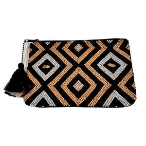 Black Tan White Beaded Clutch